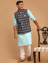 Vastramay Men's Black Ikkat Printed Cotton Nehru Jacket With Aqua Blue Kurta And White Pyjama Set